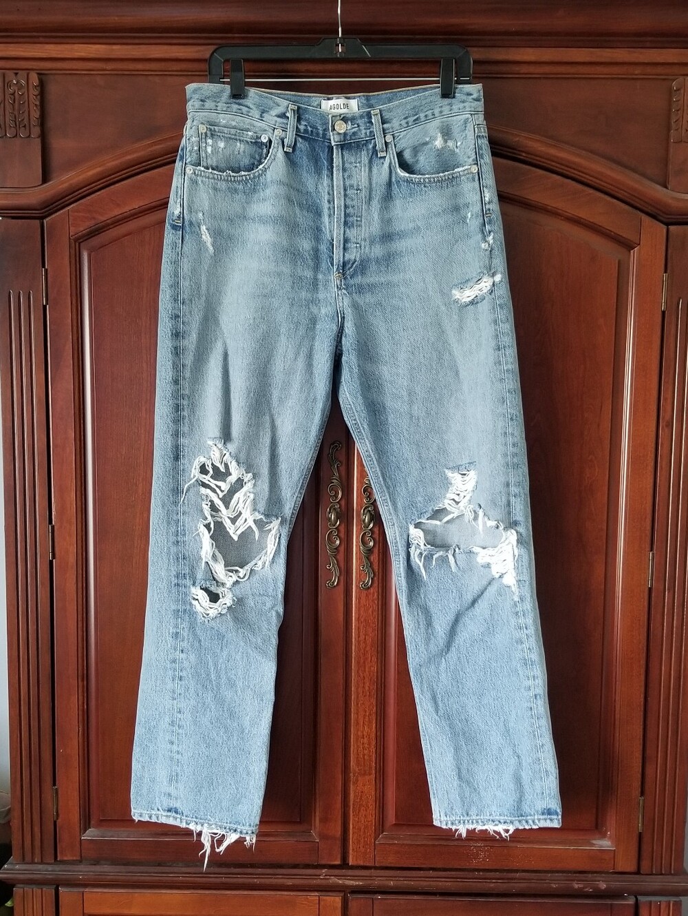Agolde 90's Mid Rise Loose Fit Distressed Jeans in Fallout Blue Size 28